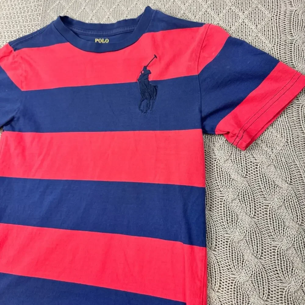 Polo by Ralph Lauren Boys Youth Red & Blue Color Block Striped Tee - 8